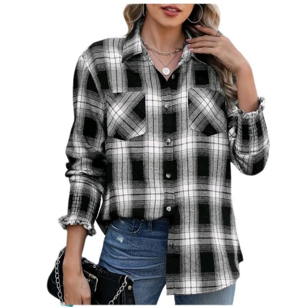 Deer Lady Womens L Smocked Cuffed LS Plaid‎ Flannel Button Down Shirt Casual New